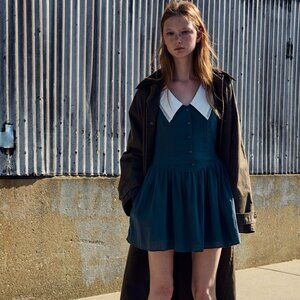 BNWT Size S l Short Dress with V-Neck Bib Peter Pan Collar 0881/202 Zara Blue